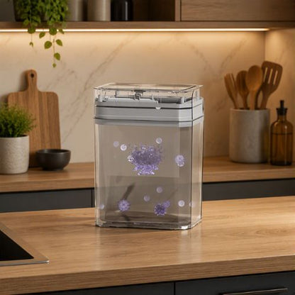 poubelle cuisine transparente avec illustration de filtration anti-odeur