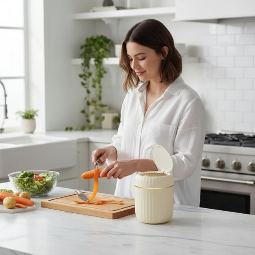 poubelle de table ouverte à côté d'une femme cuisinant