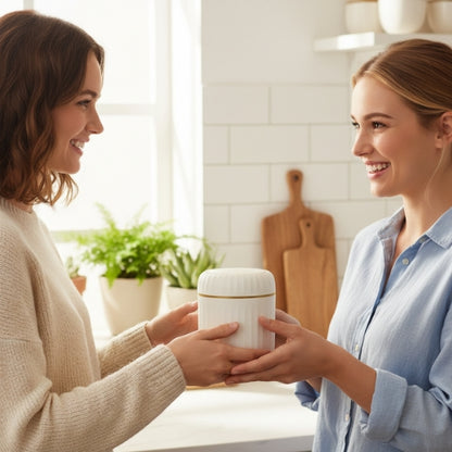 poubelle de table tenue par deux femmes souriantes