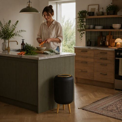poubelle design noire sur trois pieds surélevés face à l'îlot central