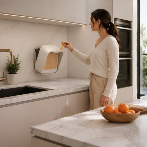 poubelle murale automatique rechargeable utilisation par une femme pour déchets