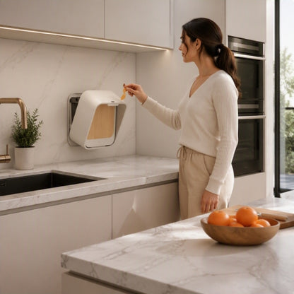 poubelle murale automatique rechargeable utilisation par une femme pour déchets