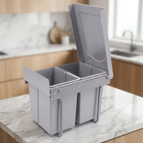 Poubelle tri selectif 2 bacs couvercle relevé plastique gris solide