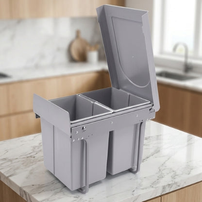 Poubelle tri selectif 2 bacs couvercle relevé plastique gris solide