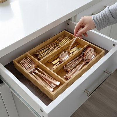 range couvert avec couverts dorés bien placés chacun son compartiment