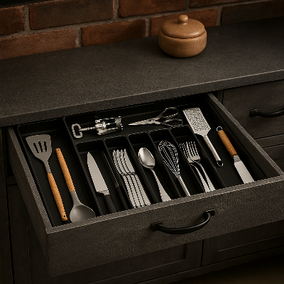 range couvert dans tiroir ouvert ustensiles organisés cuisine industrielle