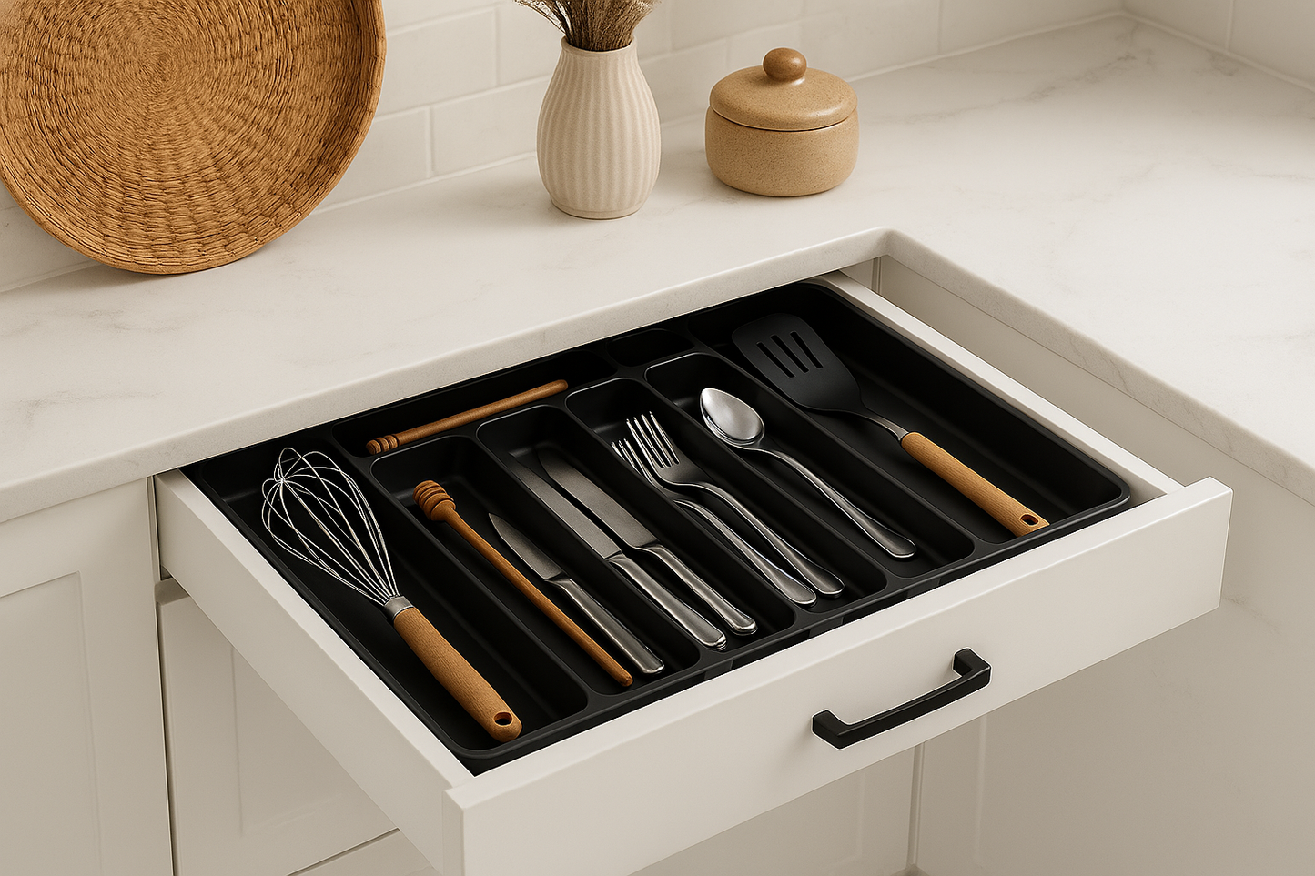 range couvert noir dans tiroir ustensiles rangés