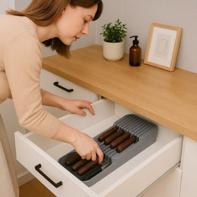 dame penchée prend couteau de son range couverts tiroir