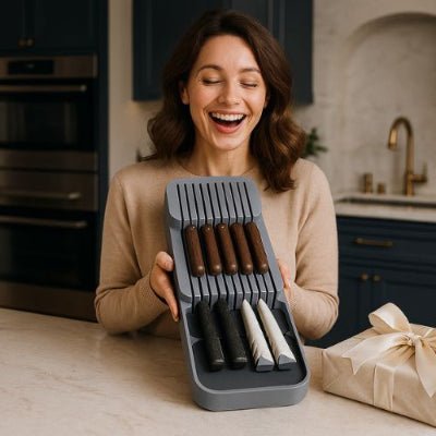 femme heureuse de recevoir range couvert tiroir gris couteaux classés