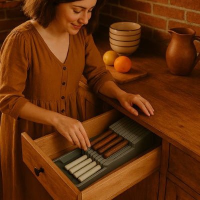 cuisine rustique femme prend couteau de range couverts tiroir