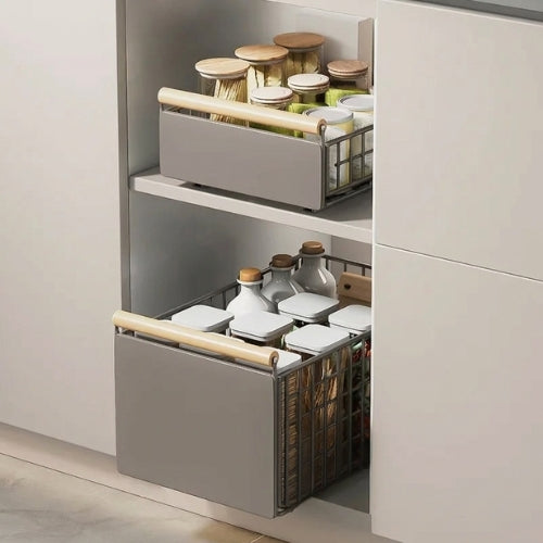rangement cuisine coulissant grand et petit format remplis de bocaux