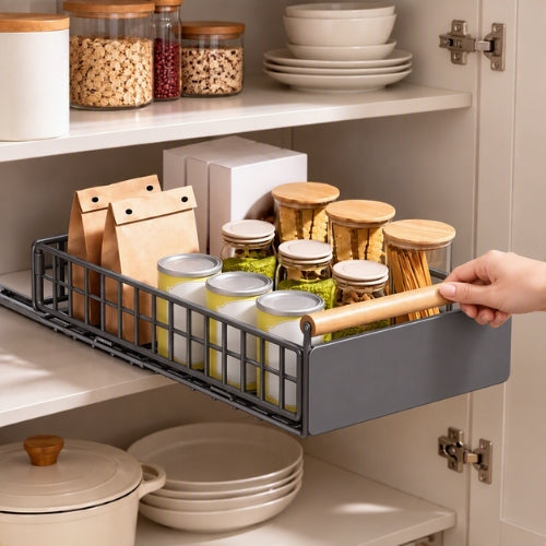 rangement cuisine coulissant panier avec poignée en bois
