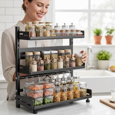rangement epices étagère bien chargé femme dérière souriante