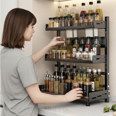rangement epices femme de dos arrange ses épices étagère acier