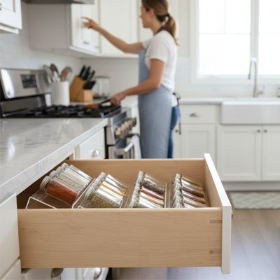 Rangement epices tiroirs dans un tiroir ouvert très bien rangé