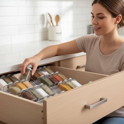 Rangement epices tiroirs femme souriante dépose son pot dans tiroir