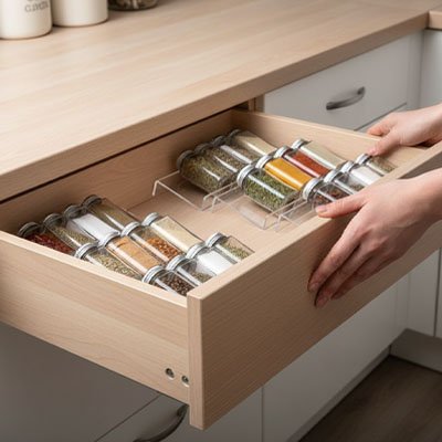 Rangement epices tiroirs mains ouvrent le tiroir pots épices organisés