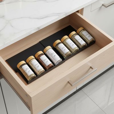Rangement epices tiroirs pot à épices bien rangés tiroir ouvert