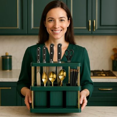 femme avec sourire tient dans ses mains rangement pour couverts