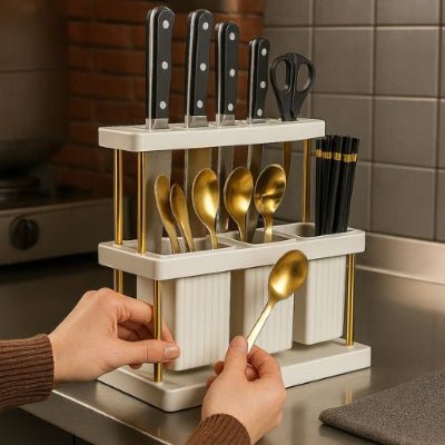 rangement pour couverts blanc couverts dorés