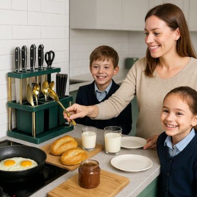 femme prépare petit déjeuner rangement pour couverts enfants attenants