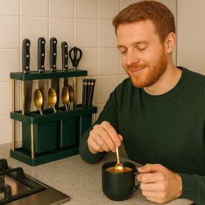 monsieur remue son café rangement pour couverts avoisinant