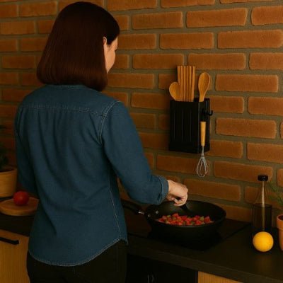 femme de dos cuisine ranger couvert au mur
