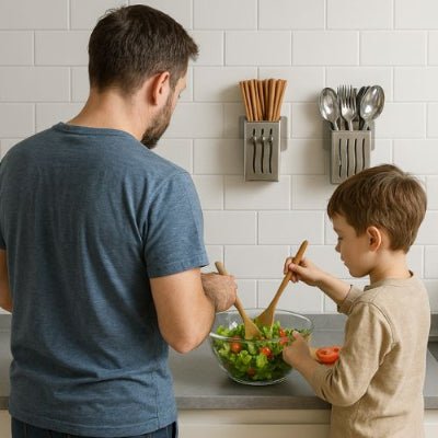 père fils mélange salade ranger couvert accroché