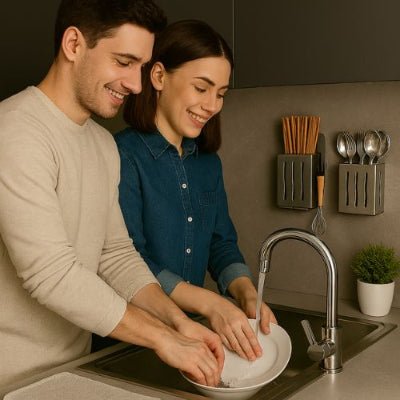 couple lave la vaisselle ranger couvert au mur proche