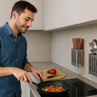 ranger couvert proches collés au mur homme heureux cuisine