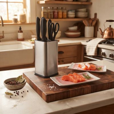 saumon coupé dans assiette portes couteaux proche pratique