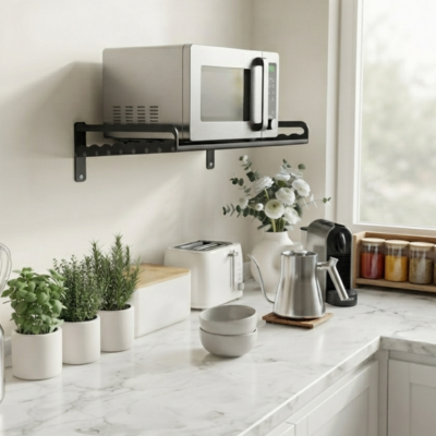 support micro onde au mur comptoir marbre pots herbes fines