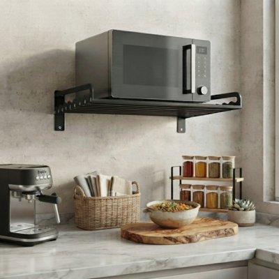 support micro onde mural bol soupe panier planche sur comptoir