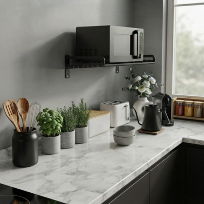 support micro onde pots bols vase épices sur plan travail