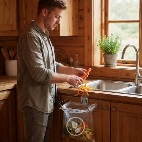 support sac poubelle installé près d'un évier en inox