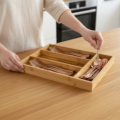 une personne range ses couverts dans range couvert tout organisé